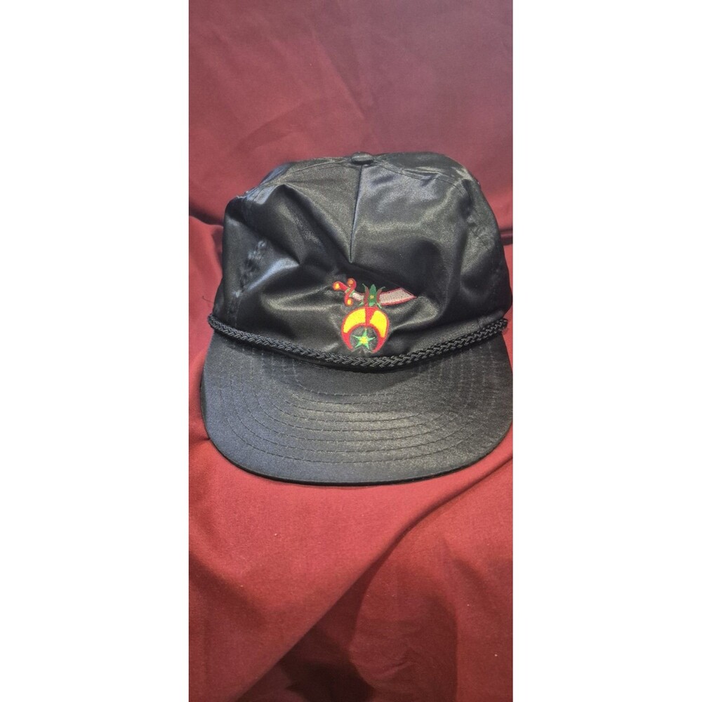 Vintage Shriners Cap Hat Black Satin Zip Adjust Nissin Brand Sword Star EUC